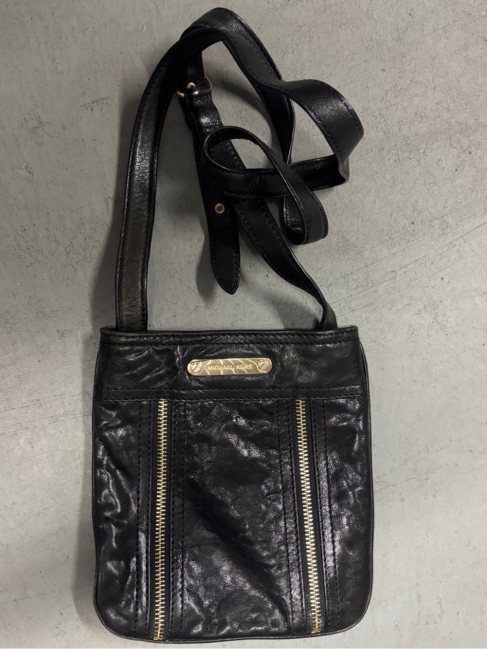 Michael Kors Black Leather Crossbody with Gold Plate and Zippers